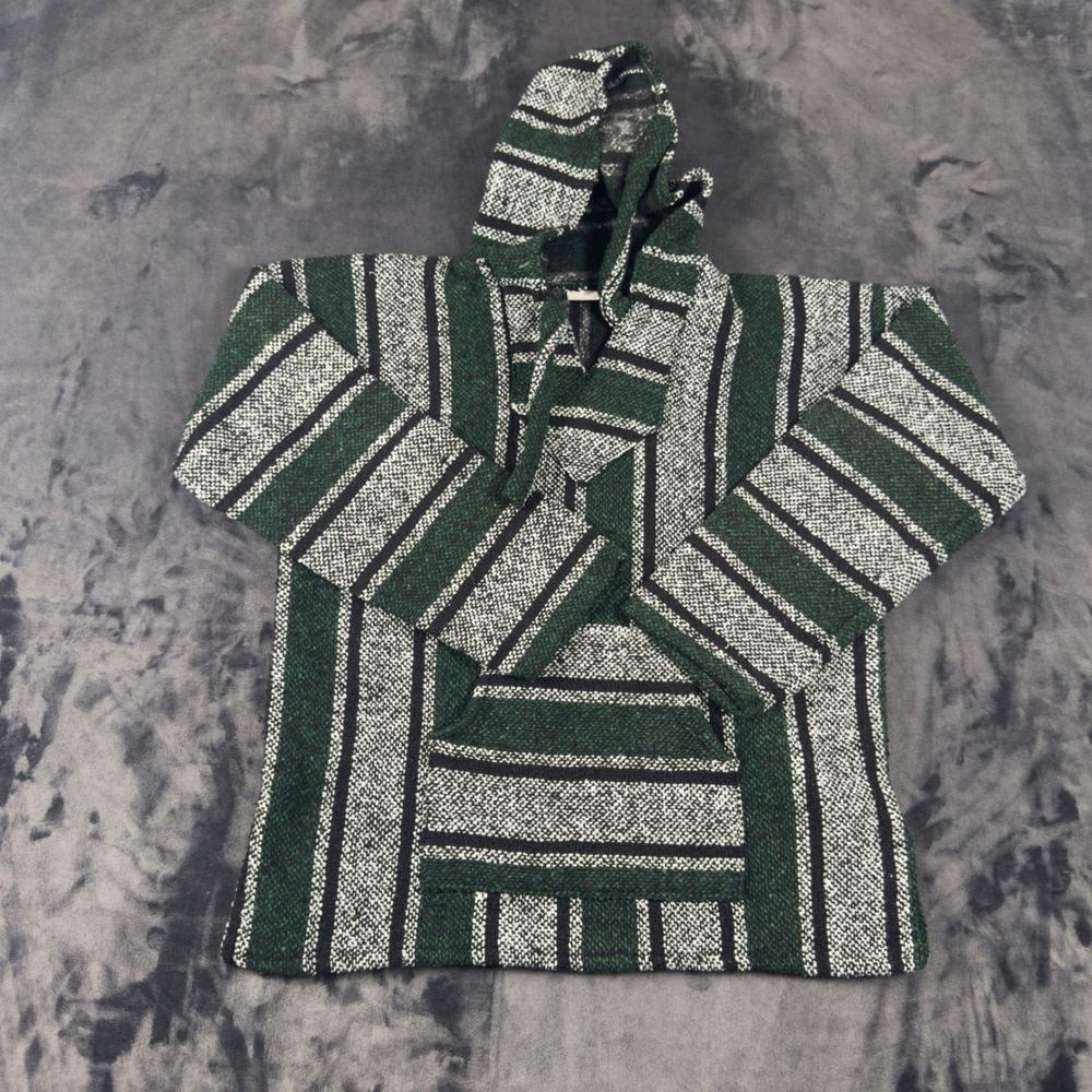 Artesanias Baja Hoodie Unisex Medium Green Striped Mexican Poncho Jerga Pullover